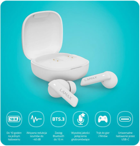 Dokanałowe słuchawki bezprzewodowe Lamax Clips1 ANC White